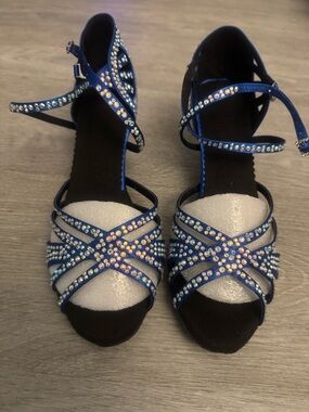 Blue Rhinestone Dance Heels Size 11 Strappy Ankle Strap
